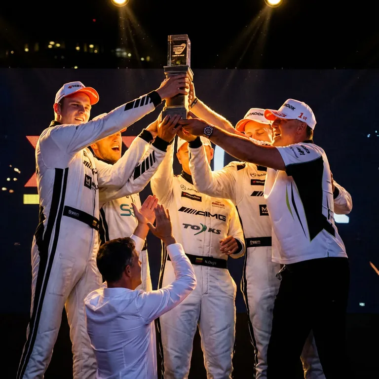 Race winners lifting the trophy on stage